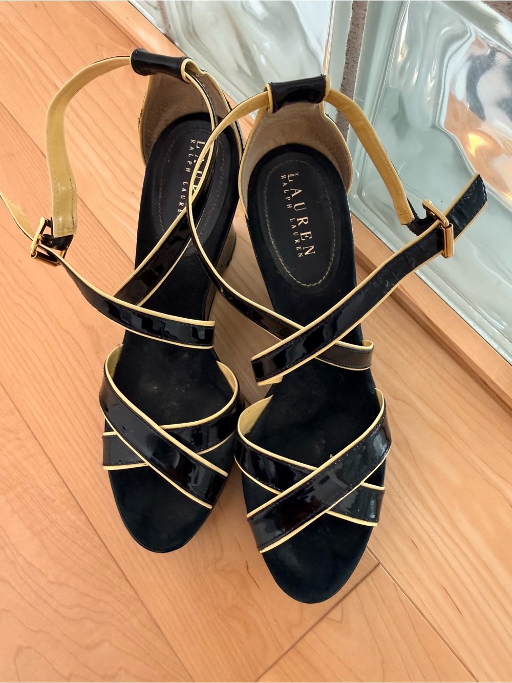 Lauren Ralph Lauren Black and Gold Patent Strappy Heels